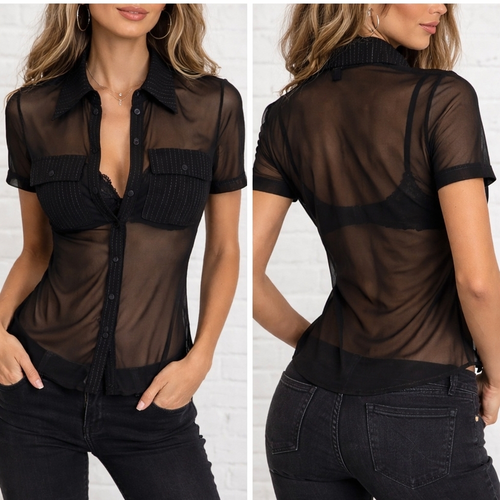 cache black sheer button front blouse short sleeve y2k fitted top small
